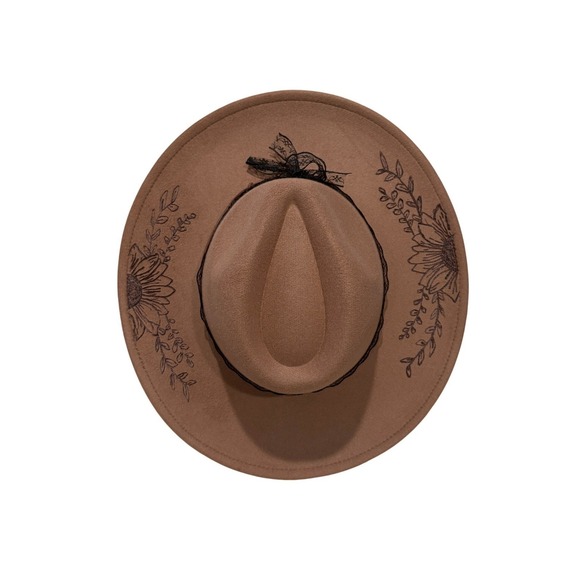 Handcrafted Brown Custom Wood Burned Sunflower Wide Brim Hat Lace Band - Picture 2 of 8